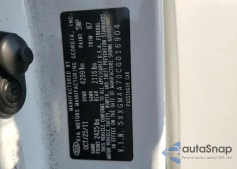 2012 Kia Optima Lx from USA, damaged, VIN 5XXGM4A70CG016904